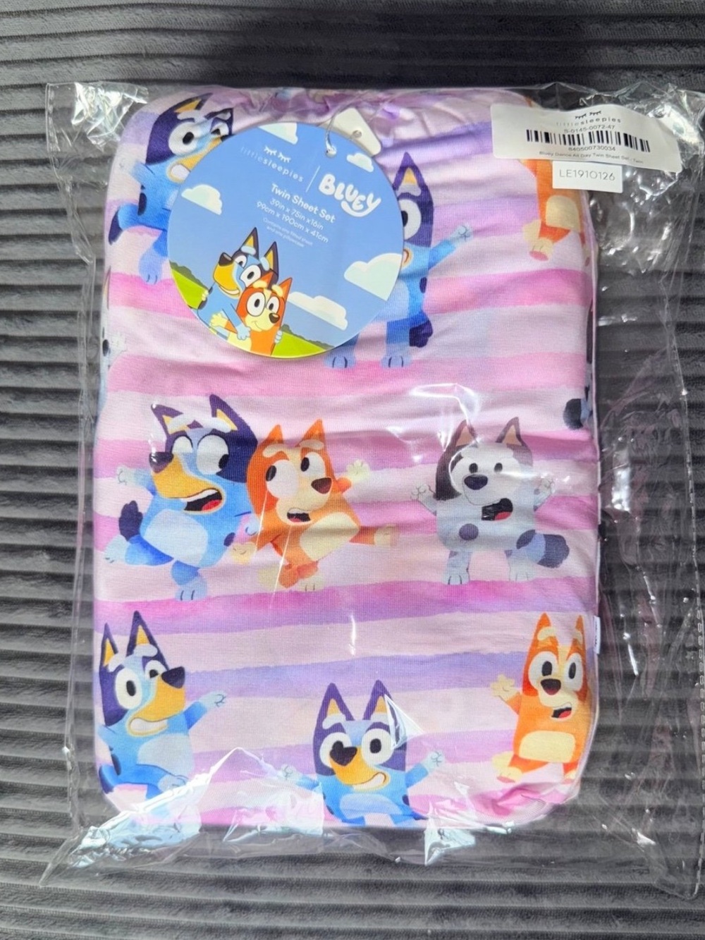 Little Sleepies TWIN Bluey Dance All Day Sheet Set, bamboo bingo purple pink
